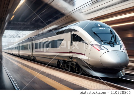 High speed passenger train in motion on the railway station at sunset in a city. Modern intercity train on railway platform with motion blur effect. Urban scene with railroad. Railway transportation. High speed passenger train in motion on the railway station at sunset in a city. Modern intercity train on railway platform with motion blur effect. Urban scene with railroad. Railway transportation. 110528865