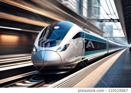 High speed passenger train in motion on the railway station at sunset in a city. Modern intercity train on railway platform with motion blur effect. Urban scene with railroad. Railway transportation. 110528867