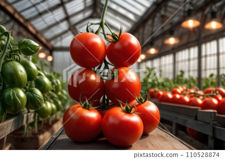 Close up view of Ripe red tomatoes are on the green foliage background, hanging on the vine of a tomato tree in the garden greenhouse. AI 110528874