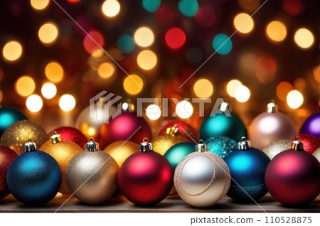 Christmas and New Year background, ornament of bright multi-colored glass decorative Christmas balls and baubles, shining lights and sparkles, close up macro. AI Christmas and New Year background, ornament of bright multi-colored glass decorative Christmas balls and baubles, shining lights and sparkles, close up macro. AI 110528875