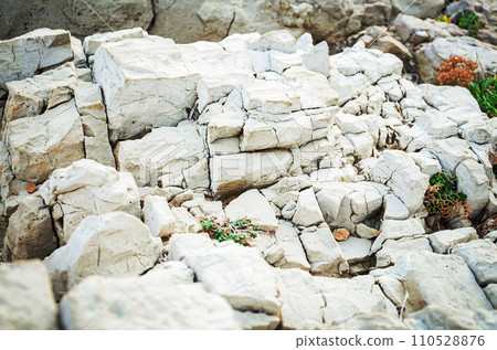 Texture of mountain rock on a sunny day, background. Lines and spots. Antibes, France 110528876