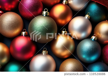 Christmas and New Year background, ornament of bright multi-colored glass decorative Christmas balls and baubles, shining lights and sparkles, close up macro. AI 110528886