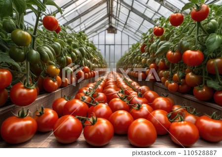 Ripe red tomatoes are on the green foliage background, hanging on the vine of a tomato tree in the garden greenhouse. AI Ripe red tomatoes are on the green foliage background, hanging on the vine of a tomato tree in the garden greenhouse. AI 110528887
