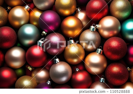 Christmas and New Year background, ornament of bright multi-colored glass decorative Christmas balls and baubles, shining lights and sparkles, close up macro. AI 110528888