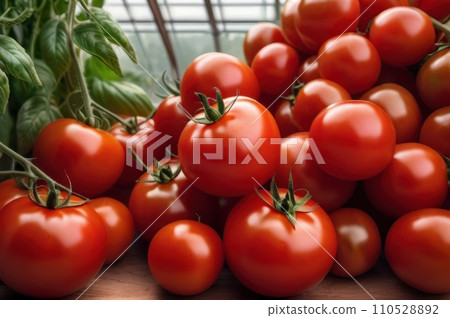 Close up view of Ripe red tomatoes are on the green foliage background, hanging on the vine of a tomato tree in the garden greenhouse. AI Close up view of Ripe red tomatoes are on the green foliage background, hanging on the vine of a tomato tree in the garden greenhouse. AI 110528892