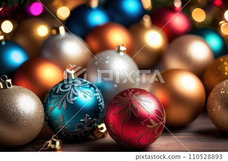 Christmas and New Year background, ornament of bright multi-colored glass decorative Christmas balls and baubles, shining lights and sparkles, close up macro. AI 110528893