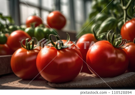 Close up view of Ripe red tomatoes are on the green foliage background, hanging on the vine of a tomato tree in the garden greenhouse. AI 110528894