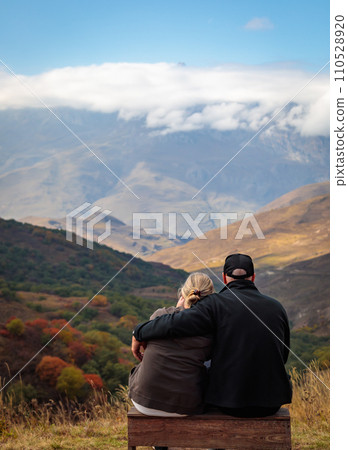 Couple in love enjoying mountain scenery 110528920