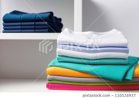 Cotton stack of colorful folded clothes on white table indoors empty space background. Household concept. Clean laundry pile.. AI Cotton stack of colorful folded clothes on white table indoors empty space background. Household concept. Clean laundry pile.. AI 110528937