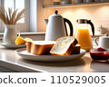 Sliced bread with butter and jam on a plate next to a kettle and jug in bright sunny kitchen, early morning, kitchen table, good start of day. AI 110529005