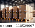 Packaging Boxes Wrapped Plastic Stacked on Pallets in Storage Warehouse. Cartons Pallets Supply Chain. Inventory Shelf Storehouse Distribution. Cargo Shipping Supplies Warehouse Logistics.. AI 110529007