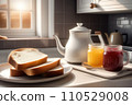 Sliced bread with butter and jam on a plate next to a kettle and jug in bright sunny kitchen, early morning, kitchen table, good start of day. AI 110529008