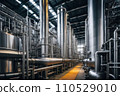 Equipment and piping inside of modern industrial petrochemical power plant for gas or oil industry. Oil refinery plant from industry, pipe line steel close up. AI 110529010