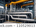Equipment and piping inside of modern industrial petrochemical power plant for gas or oil industry. Oil refinery plant from industry, pipe line steel close up. AI 110529013