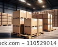 Packaging Boxes Wrapped Plastic Stacked on Pallets in Storage Warehouse. Cartons Pallets Supply Chain. Inventory Shelf Storehouse Distribution. Cargo Shipping Supplies Warehouse Logistics.. AI 110529014
