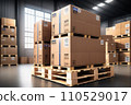 Packaging Boxes Wrapped Plastic Stacked on Pallets in Storage Warehouse. Cartons Pallets Supply Chain. Inventory Shelf Storehouse Distribution. Cargo Shipping Supplies Warehouse Logistics.. AI 110529017
