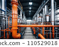 Equipment and piping inside of modern industrial petrochemical power plant for gas or oil industry. Oil refinery plant from industry, pipe line steel close up. AI 110529018