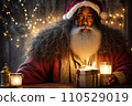African American Santa Claus with gift box, close portrait. Dark skinned man wearing in Santa suit with gift box on Christmas background full of Christmas goodies. AI 110529019