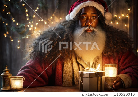 African American Santa Claus with gift box, close portrait. Dark skinned man wearing in Santa suit with gift box on Christmas background full of Christmas goodies. AI African American Santa Claus with gift box, close portrait. Dark skinned man wearing in Santa suit with gift box on Christmas background full of Christmas goodies. AI 110529019