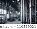 Equipment and piping inside of modern industrial petrochemical power plant for gas or oil industry. Oil refinery plant from industry, pipe line steel close up. AI 110529021