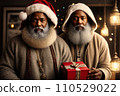 Two African American Santa Clauses stands with gift box, close portrait. Dark skinned man wearing in Santa suit with gift box on Christmas background full of Christmas goodies. AI 110529022