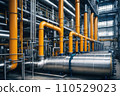 Equipment and piping inside of modern industrial petrochemical power plant for gas or oil industry. Oil refinery plant from industry, pipe line steel close up. AI 110529023