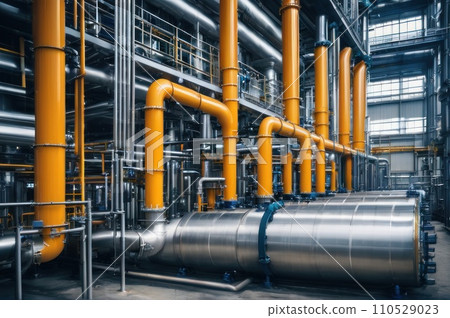 Equipment and piping inside of modern industrial petrochemical power plant for gas or oil industry. Oil refinery plant from industry, pipe line steel close up. AI 110529023