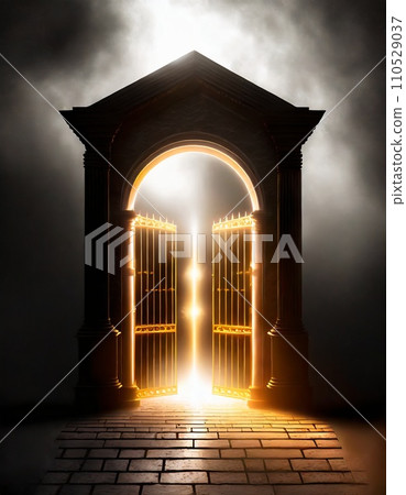 Glowing gate floating in the dark (AI generation) Glowing gate floating in the dark (AI generation) 110529037