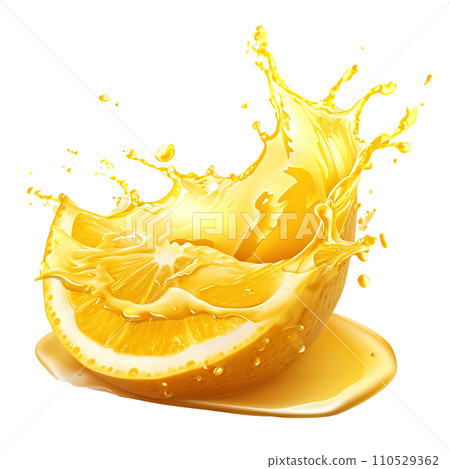 Capturing the dynamic essence of lemon juice splashes against a transparent background, featuring vibrant yellow liquid swirls and refreshing fruit drops, Ai generative 110529362