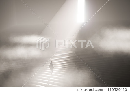 Business concept. A businessman is walking through a haze that is like a crisis. Climb the stairs to an exit with a bright light of hope, 3d render Business concept. A businessman is walking through a haze that is like a crisis. Climb the stairs to an exit with a bright light of hope, 3d render 110529410