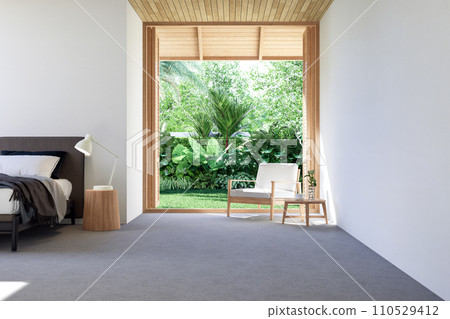 Modern contemporary loft style bedroom with tropical garden view 3d render 110529412