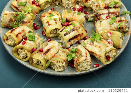 Georgian eggplant rolls, badrijani Georgian eggplant rolls, badrijani 110529451