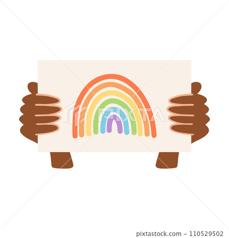 Black hand holding poster with rainbow. Pride month concept, lgbtq movement, people diversity, gender equality 110529502