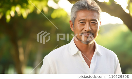 AI-generated image of a middle-aged man smiling refreshingly in the city 110529808