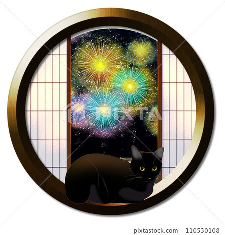 Fireworks and cat visible from round window Fireworks and cat visible from round window 110530108