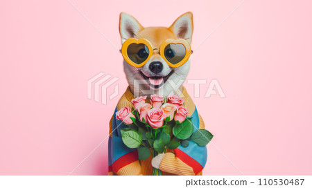 Cute funny dog holding with bouquet of roses in Valentine day concept. Cute funny dog holding with bouquet of roses in Valentine day concept. 110530487
