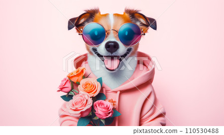 Cute funny dog holding with bouquet of roses in Valentine day concept. 110530488