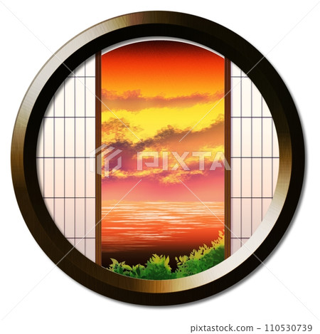 從圓窗看到黃昏時分天空和大海的風景 110530739