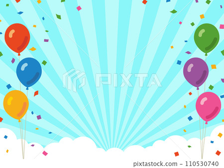 淺藍色集中線背景的氣球、五彩紙屑和雲的框架材料 淺藍色集中線背景的氣球、五彩紙屑和雲的框架材料 110530740
