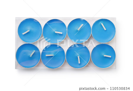 Top view of blue tealight candles packaging Top view of blue tealight candles packaging 110530834
