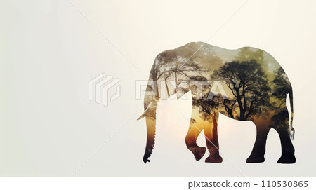 elephant full body side silhouette with double exposure of African savannah silhouette on white background elephant full body side silhouette with double exposure of African savannah silhouette on white background 110530865