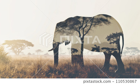 elephant full body side silhouette with double exposure of African savannah silhouette on white background 110530867