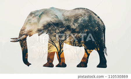 elephant full body side silhouette with double exposure of African savannah silhouette on white background 110530869