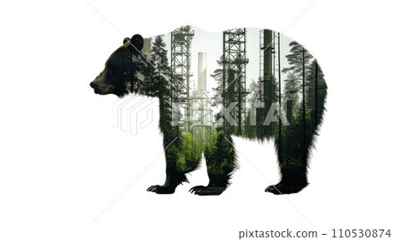 bear full body silhouette with double exposure of Industrial plant silhouette, white background 110530874