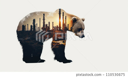 bear full body silhouette with double exposure of Industrial plant silhouette, white background 110530875