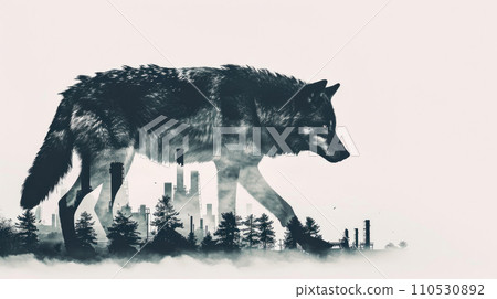 wolf full body silhouette and double exposure of Industrial plant silhouette on background wolf full body silhouette and double exposure of Industrial plant silhouette on background 110530892