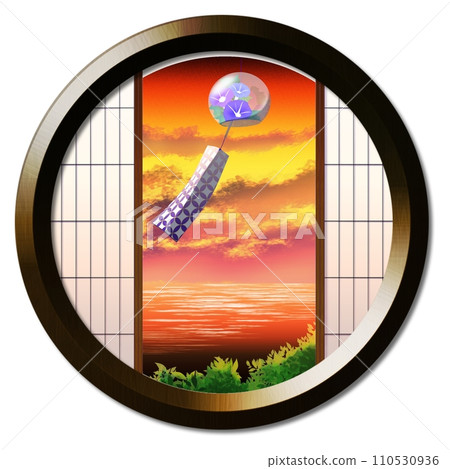 Scenery with wind chimes colored in the sunset seen from the round window Scenery with wind chimes colored in the sunset seen from the round window 110530936