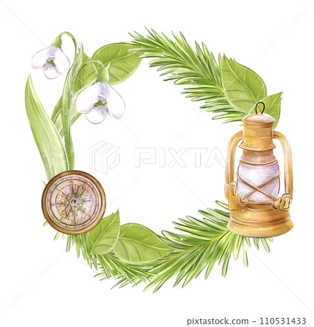 Round frame, wreath on the theme of tourism, camping with fir branches, kerosene lamp and compass. Hand drawing. For the design of flyers, flyers, invitations Round frame, wreath on the theme of tourism, camping with fir branches, kerosene lamp and compass. Hand drawing. For the design of flyers, flyers, invitations 110531433