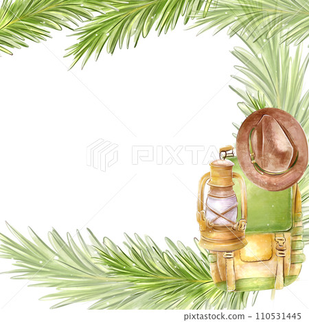 Scout troop signature frame, forest invitation with fir branches, hat, backpack and compass on the theme of tourism, travel, camping. Used for design banner, flyer, scrapbook, cards Scout troop signature frame, forest invitation with fir branches, hat, backpack and compass on the theme of tourism, travel, camping. Used for design banner, flyer, scrapbook, cards 110531445