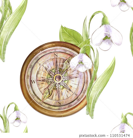 Pattern, seamless pattern with snowdrop and compass, travel, spring. For the design of textiles, background, scrapbook, cover, paper, creativity 110531474